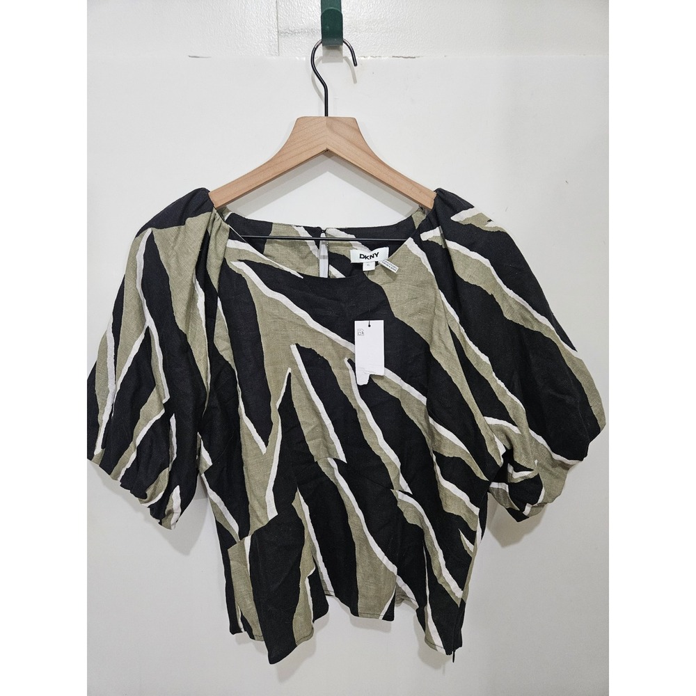 DKNY Womens XL Abstract Zebra Print Linen Blend Puff Sleeve Blouse Top NEW